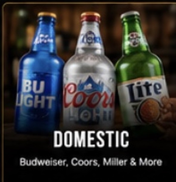 Domestic beer bottles including Bud Light, Coors Light and Miller Lite