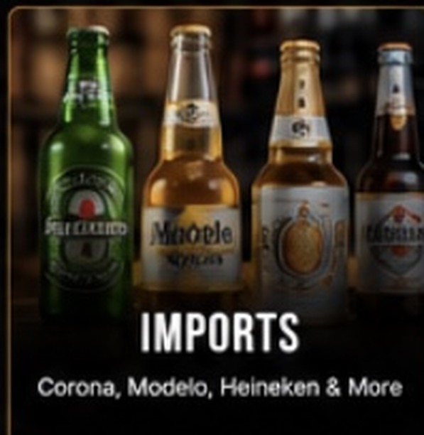 Imported beer bottles including Corona, Modelo and Heineken